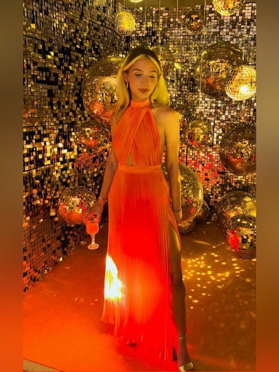 L’Idee Dresses & Skirts - L'IDEE Renaissance Split Gown Tangelo Orange Pleated Halter Formal 6/XS